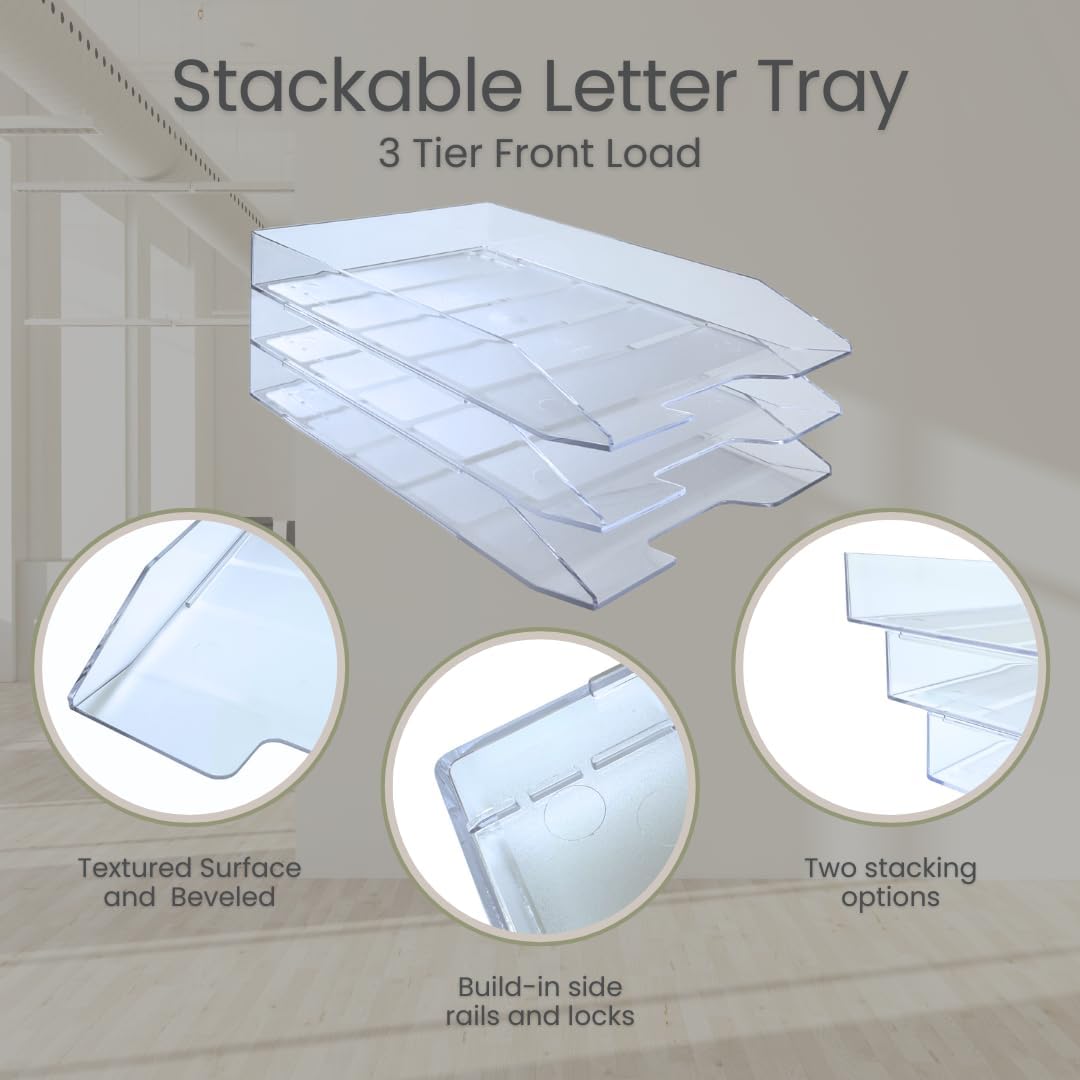 Acrimet 3 Tier Paper Organizer Letter Tray - Plastic Stackable Desk File Organizer, Front Load Paper Sorter Organizer for Letter/A4 Office File Folder Holder - Clear Crystal