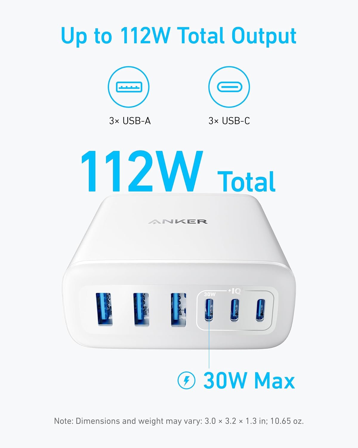 Anker Desktop Charger, Fast Charging USB C Charger with 112W Max 6-Port Desk Accessories for Home Office, Campatible with Multiple Devices, iPhone, iPad, MacBook, Galaxy and More (Cable Not Included)