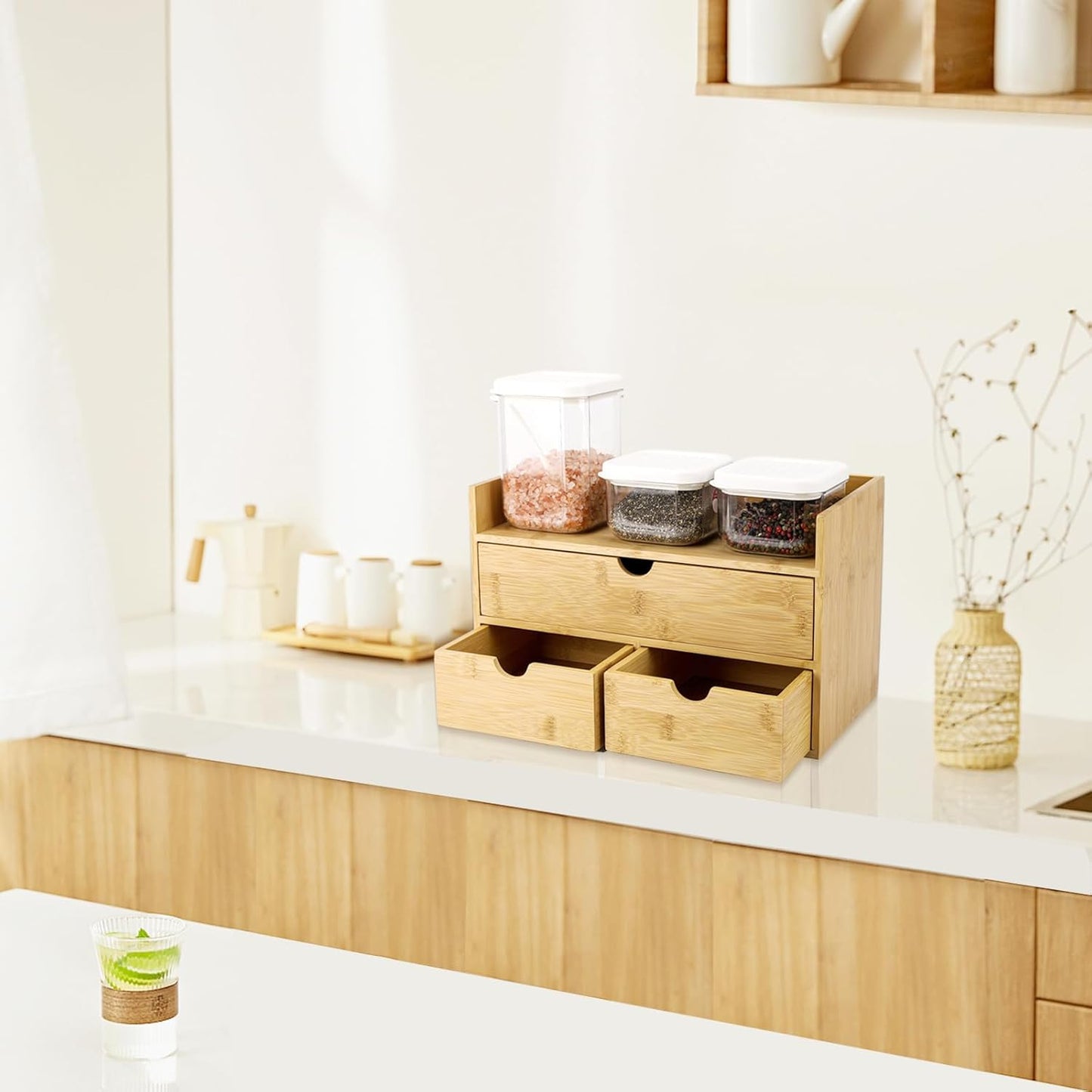 Charmewooden Bamboo Desk Organizer With Drawers Countertop Drawers Counter Storage Box Corner Desk Organizer for Home Office No Assembly Required (2 Drawers)