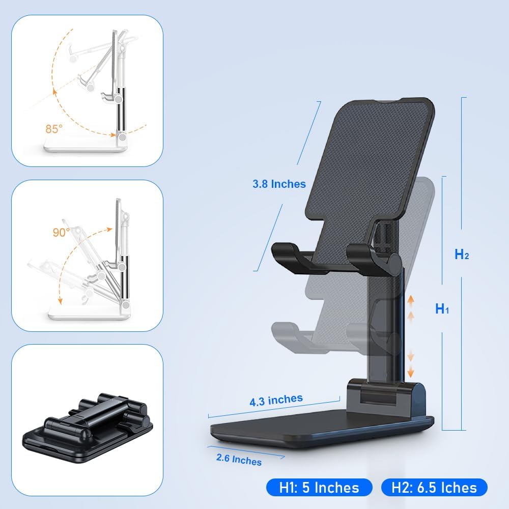 Cell Phone Stand, Angle Height Adjustable Cell Phone Holder with Silicon Pad for Desk Fully Forldable Mobile Phone Holder Compatible with All Mobile Phones, MT-6, (White)