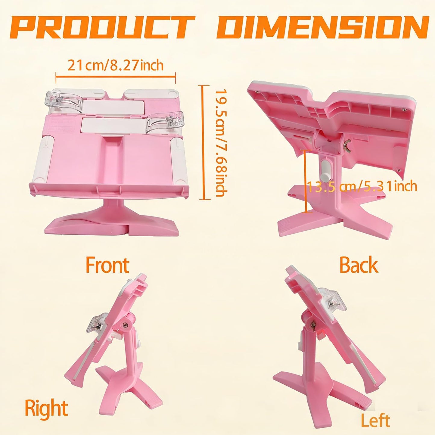Book Stand for Desk, Kids Book Stand Adjustable Shelf Thick Base Foldable Riser Holder, Portable Desktop with Elastic Page Clips Gift for Children (Pink)