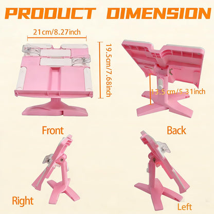 Book Stand for Desk, Kids Book Stand Adjustable Shelf Thick Base Foldable Riser Holder, Portable Desktop with Elastic Page Clips Gift for Children (Pink)