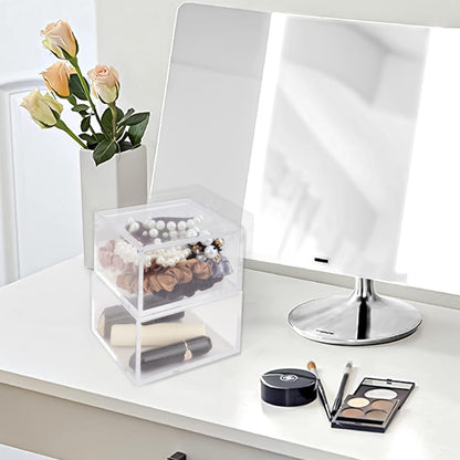 2 Pack Small Clear Acrylic Organizer with Lid for Paper Clips,Sticky Note,Qtip,Cotton Balls,Hair Ties Holder Acrylic Box for Home office Bathroom Desk Organizer