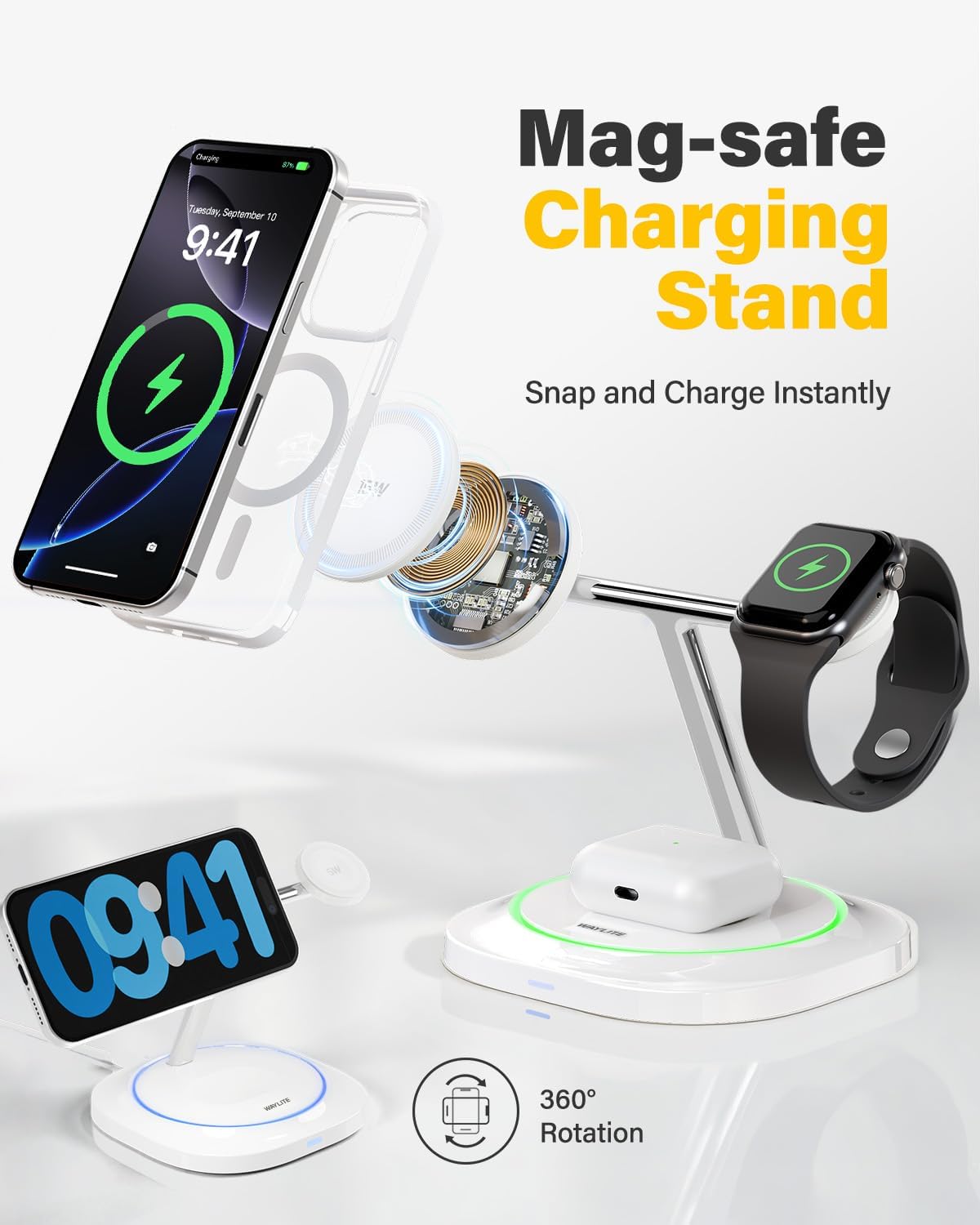 3 in 1 Magnetic Wireless Charger for Apple - Fast Charging Station Compatible with MagSafe for iPhone17-12, Apple Watch& AirPods, Phone and Watch Charger Stand for Desktop Bedside Nightstand (White)