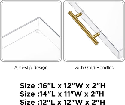 12"x16" Clear Acrylic Serving Tray with Golden Handles, Sturdy Huge Capacity Acrylic Tray for Coffee, Juice, Kitchen and Desk Organizer, Storage Tray (12"x16")