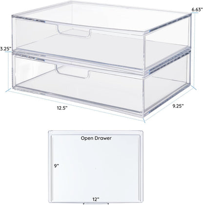 STORi STAX Plastic Stackable Organizer Drawers (Set of 2) Clear | 12.5" Wide | Set Includes Two Open Drawer | Organize Office Desk Accessories & Sort Paper | Made in USA