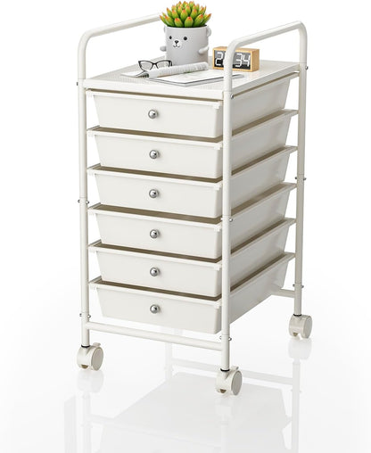 4-Tier Utility Cart with 4 Drawers, Rolling Utility Cart with 2 Lockable Caster Wheels, Multipurpose Mobile Rolling Drawer Cart for Office Bathroom Kitchen, Ivory White