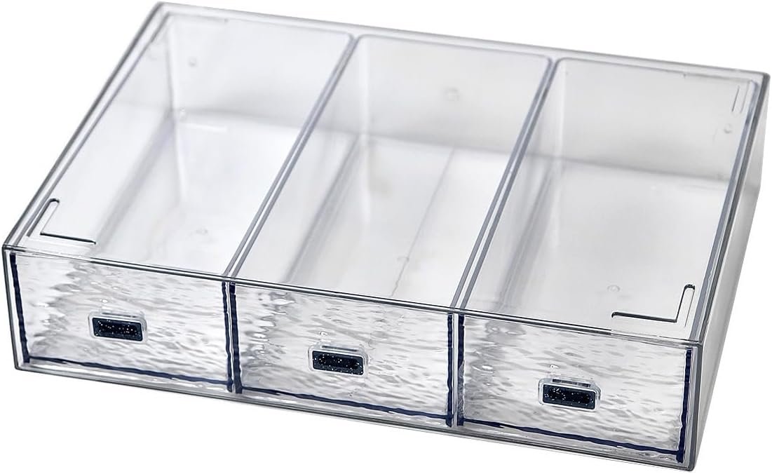 Desk Drawer Organizer, Stackable Plastic Storage Drawer, Grocery Organizer For Stationery/Office Supplies (Blue, 3 Compartment)