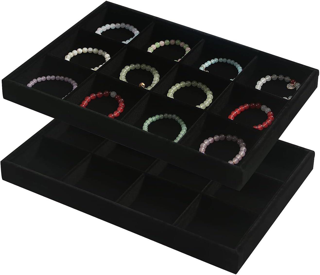 Coward Stackable Jewelry Trays Organizer Set with Clear Lid, Trays for Drawer, Earring Necklace Bracelet Ring Display Organizer (beige(ring+12girds+30girds+The glass lid))