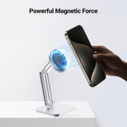 Magnetic Phone Stand for Desk, Heightened Adjustable Foldable, Compatible with iPhone 16/15/14/13/12 All Series/Mag-Safe Case (Silver)