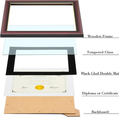 ELSKER&HOME Diploma Frame - Wide Solid Wood Frame - Black Velvet Golden Rim Mat - Semi-Tempered Glass - Includes Hanging Hardware and Desktop Easel(ONLY Display 11×14 Document/Certificate)