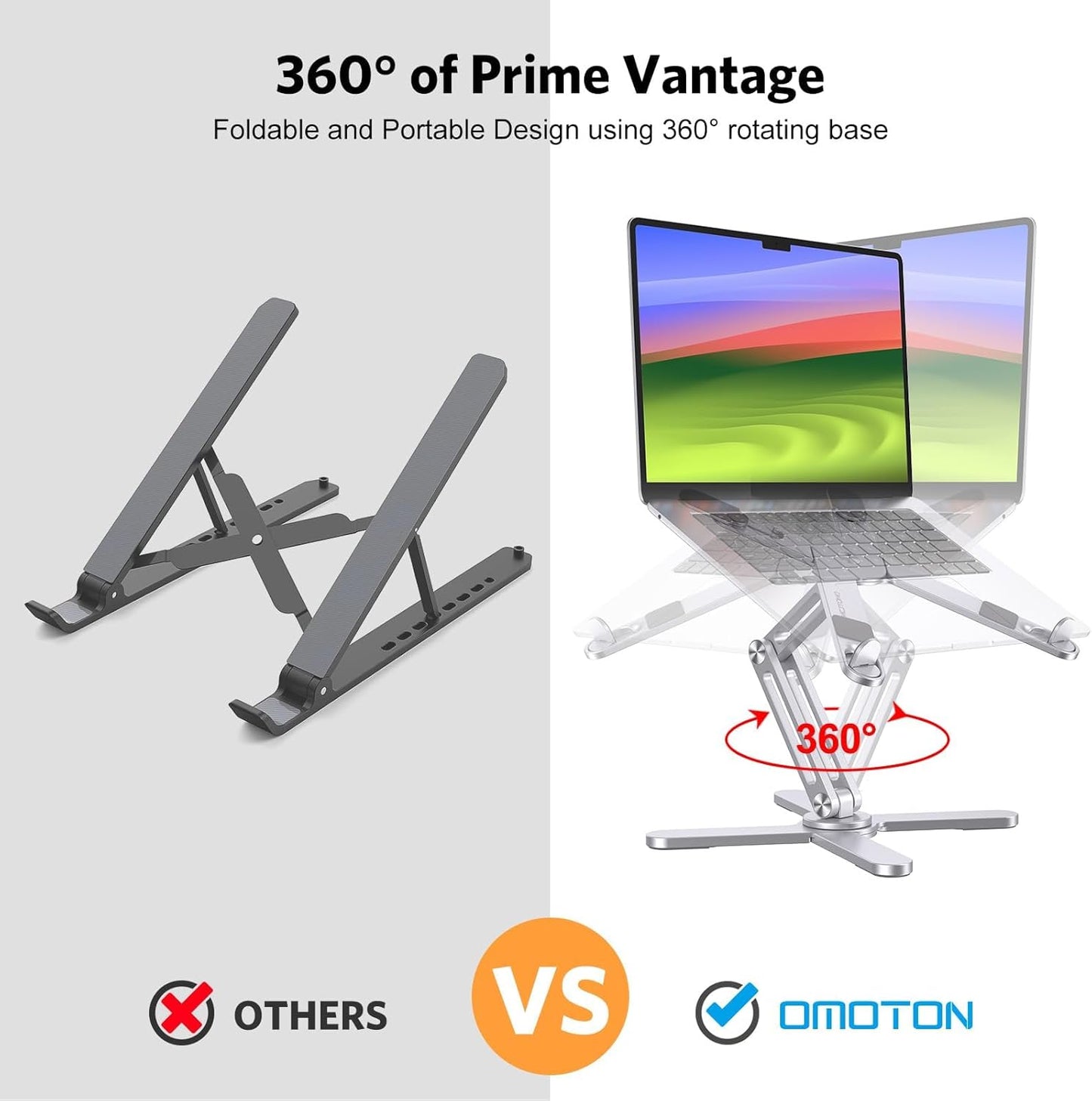 OMOTON LA10 360° Rotating Laptop Stand Riser for Desk, Ergonomic Foldable Computer Stand Adjustable Height Angles for Collaborative Work, Easy Storage Fit Macbooks,All Laptops up to 16 inches, Silver