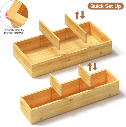 DUJEN Bamboo Drawer Organizer 12.5'' X 12.5'' X 2'', Adjustable 3 Individual Junk Drawer organizer for Bathroom and Kitchen, Wood Drawer Tea Organier Boxes for Silverware, Make up and Tea Bag