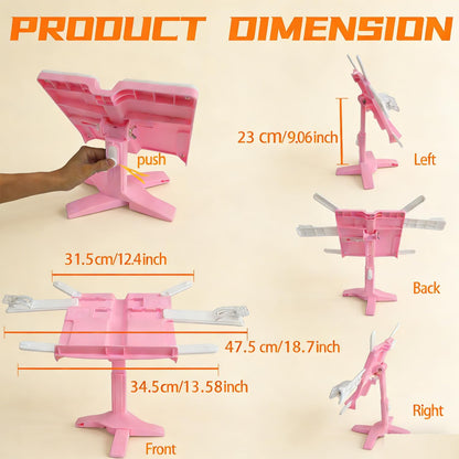 Book Stand for Desk, Kids Book Stand Adjustable Shelf Thick Base Foldable Riser Holder, Portable Desktop with Elastic Page Clips Gift for Children (Pink)