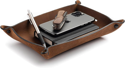 Main Street Forge Leather Valet Tray for Men – Rustic EDC Organizer for Keys, Phone & Wallet – Made in USA – Whiskey Barrel Brown