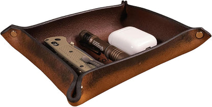 Valet Tray – Full-Grain Leather Catchall Organizer for Keys, Phone & Wallet – Rustic Nightstand & Desk Tray with Raised Sides – Handmade in USA (Vintage Brown, Small Rectangle)