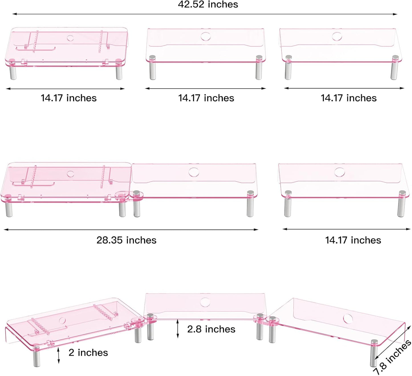 RQUOIRE Ergonomic Pink Acrylic Dual Monitor Stand with Adjustable Laptop Riser, Compatible with Desktop, Printer, TV and More Devices,monitor riser holder suitable for 2 monitors