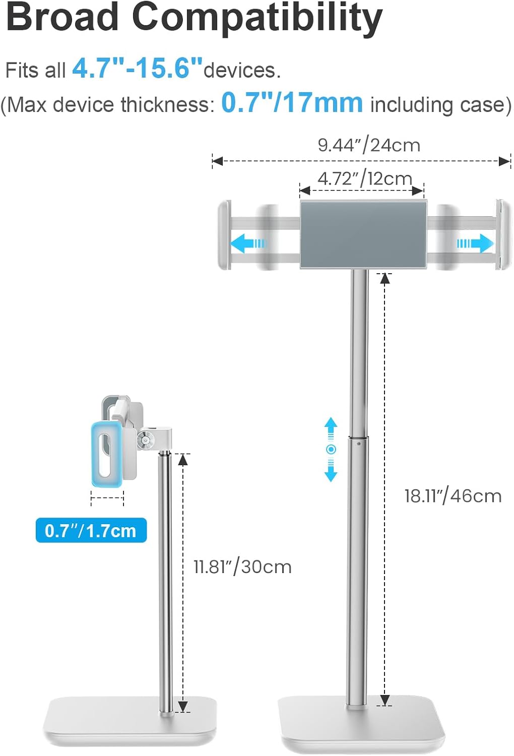 tounee Height Adjustable Tablet Stand, 3.5lb (1.6kg) Max Support, Up to 18" Tall, Slim Portable Monitors Stand Compatible with iPad Pro 12.9, Surface Pro, All 4.7"-15.6" Devices - Black