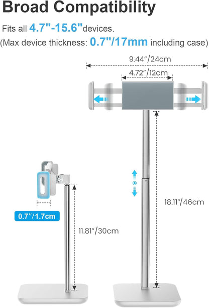tounee Height Adjustable Tablet Stand, 3.5lb (1.6kg) Max Support, Up to 18" Tall, Slim Portable Monitors Stand Compatible with iPad Pro 12.9, Surface Pro, All 4.7"-15.6" Devices - Black