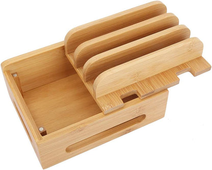 Oumefar Bamboo Multi-Device Stand Holder Charging Station Phone Tablet Charger Organizer 4 in 1 Charging Station for Multiple Devices for Meeting Rooms Restaurants Hotels and Homes