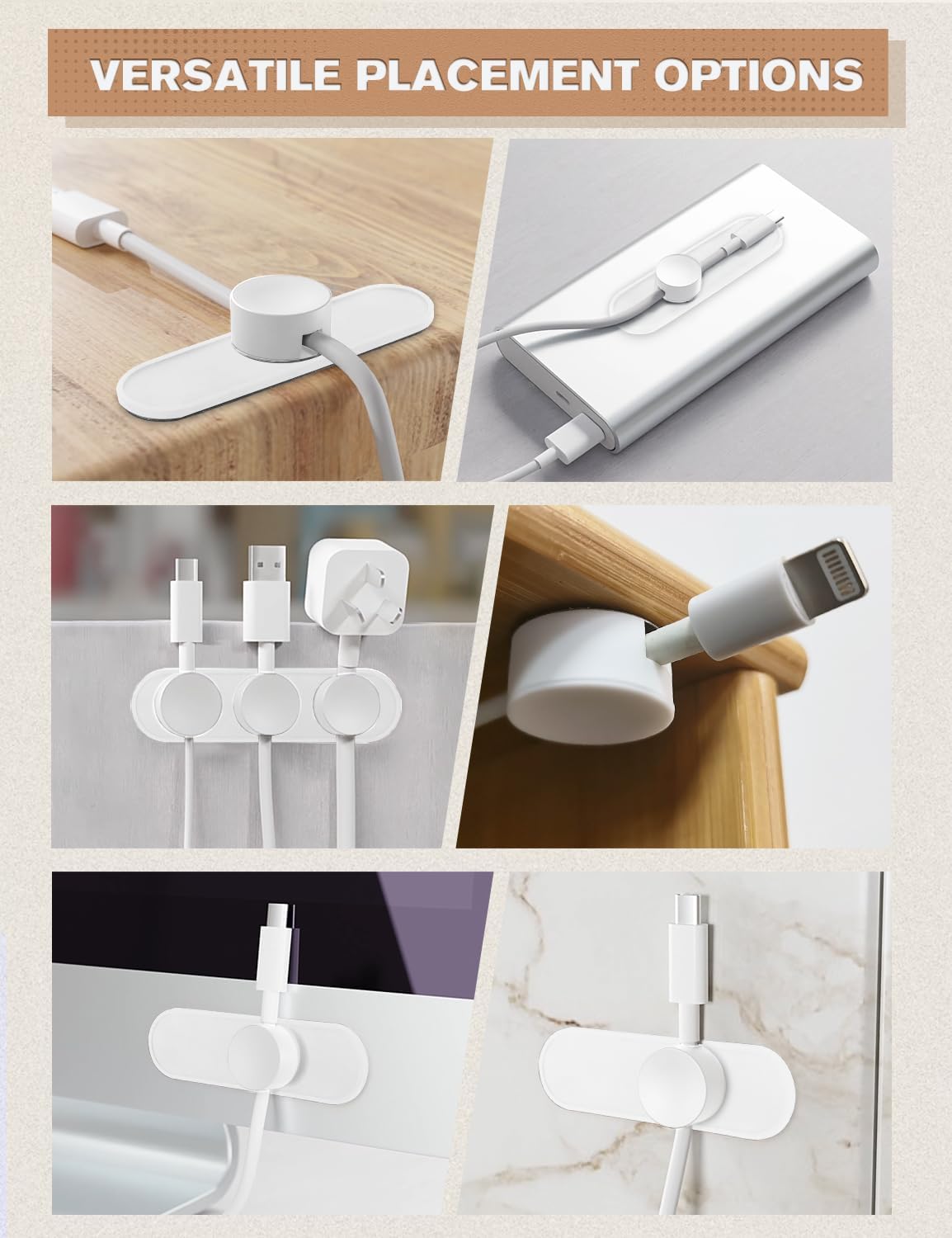 5-Pack Magnetic Cable Organizer Adhesive Cable Clips for Kitchen Nightstand Desk Table Metal Wall Steel, 5 Cord Clips + 5 Magnet Disc Base, White
