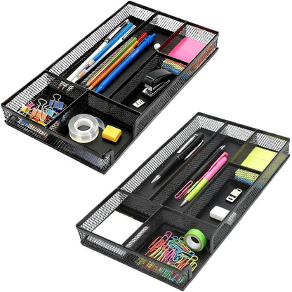 2 Pack Desk Drawer Organizer, Small Metal Mesh Desk Organizer Tray, Pen Pencil Drawer Organizer for Office Supplies, Desktop, Makeup, Vanity