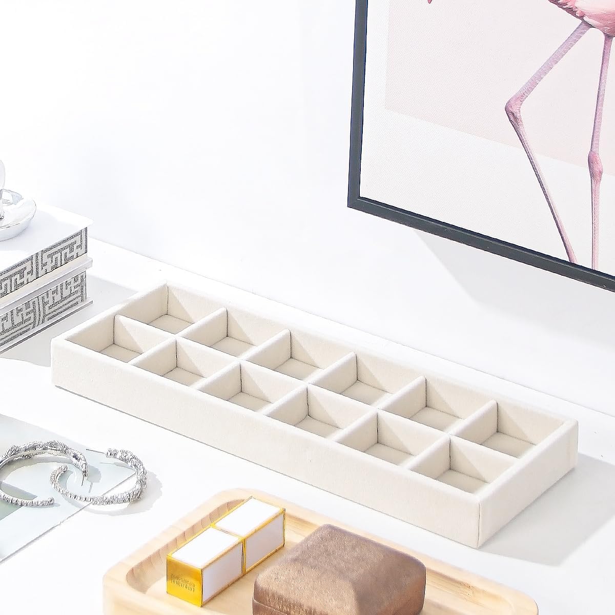 Divided Drawer Organizer Tray, Velvet Jewelry Storage Tray, Necklace Bracelet Ring Earring Display Tray,Bedside Nightstand Desk Holder Tray for Phone Watch Sunglasses Cosmetics Storage/Beige/1grid
