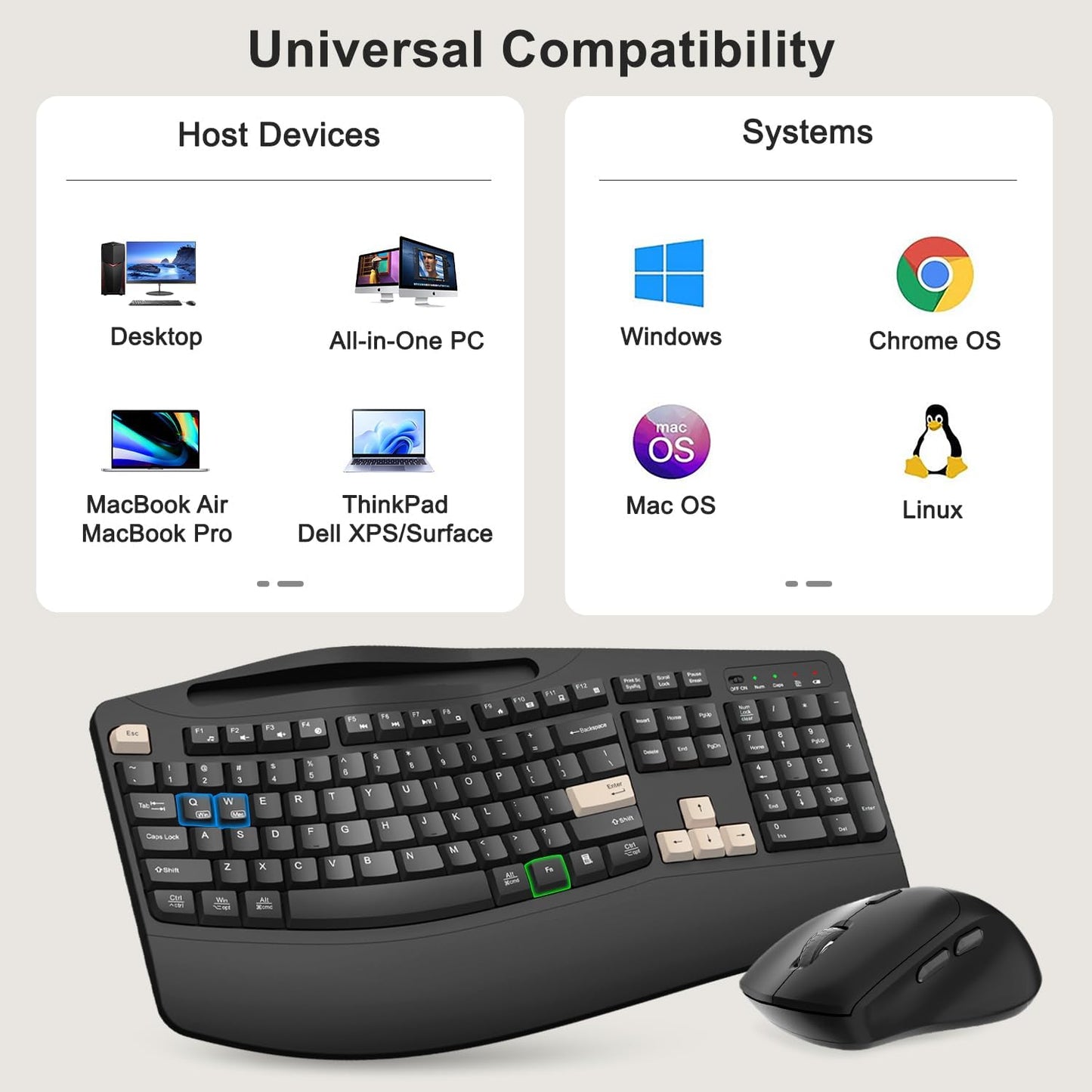 Wireless Keyboard and Mouse Combo, 2.4G Full Size Wave Keys Ergonomic Keyboard with Wrist Rest, Phone Holder, 3-Level DPI Wireless Silent Mouse with 6-Buttons, for Windows, Mac OS, Laptop, PC (Black)