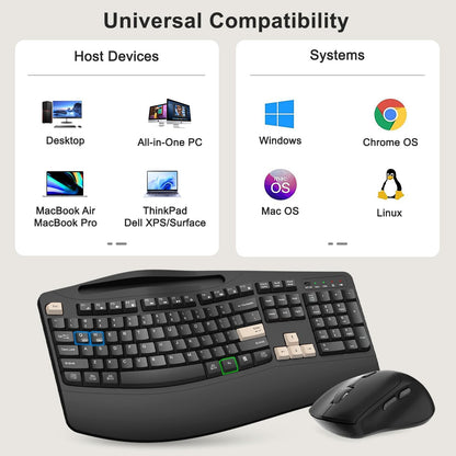 Wireless Keyboard and Mouse Combo, 2.4G Full Size Wave Keys Ergonomic Keyboard with Wrist Rest, Phone Holder, 3-Level DPI Wireless Silent Mouse with 6-Buttons, for Windows, Mac OS, Laptop, PC (Black)