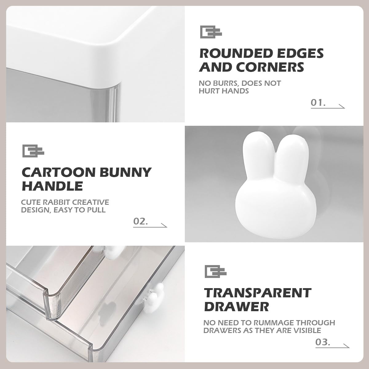 3 Layer Plastic Storage Drawer Bunny Transparent Cosmetic Organizer Rabbit Makeup Organizer Storage Container for Office School Home（White）