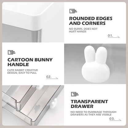 3 Layer Plastic Storage Drawer Bunny Transparent Cosmetic Organizer Rabbit Makeup Organizer Storage Container for Office School Home（White）
