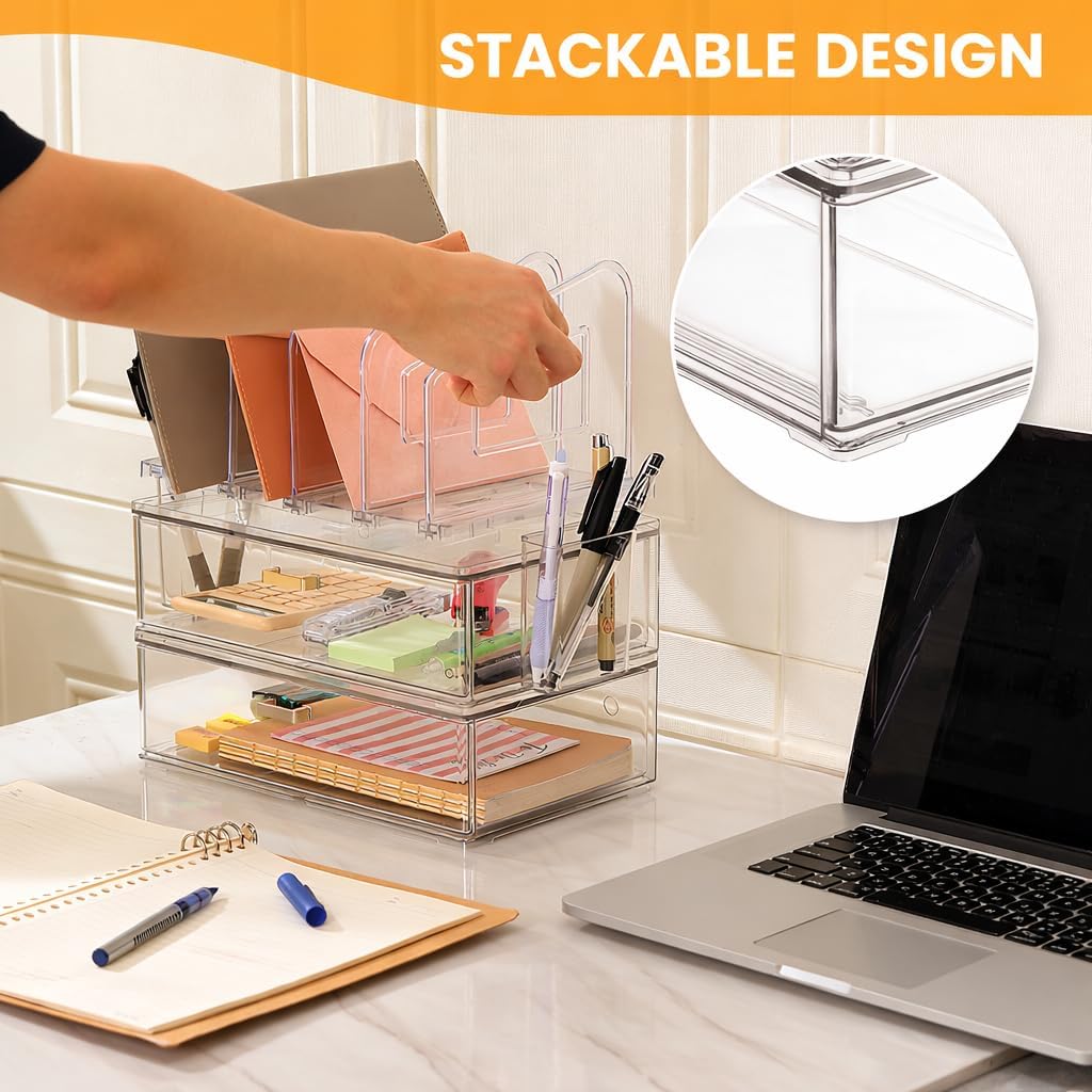 LALOBLUE Acrylic Desk Organizer with Drawer and Vertical File Holder, Desk Organizers and Accessories, Multi-Functional Office Supplies Organizer for Home or Work Desk, White