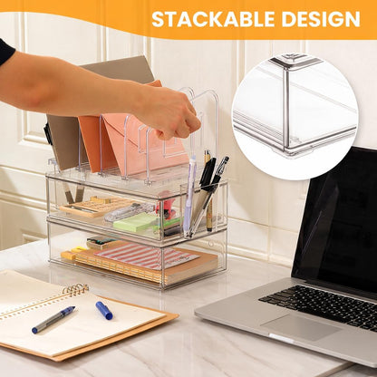 LALOBLUE Acrylic Desk Organizer with Drawer and Vertical File Holder, Desk Organizers and Accessories, Multi-Functional Office Supplies Organizer for Home or Work Desk, White
