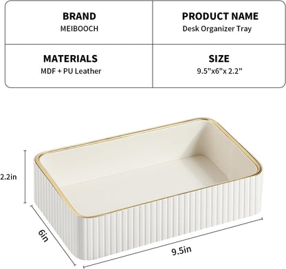 Desk Organizer Tray, PU Leather Nightstand Organizer Perfume Valet Tray for Men Women, Decorative Vanity Trays Trinket Dish Key Bowl for Entryway Table (2pcs, Ivory, Large+Small)