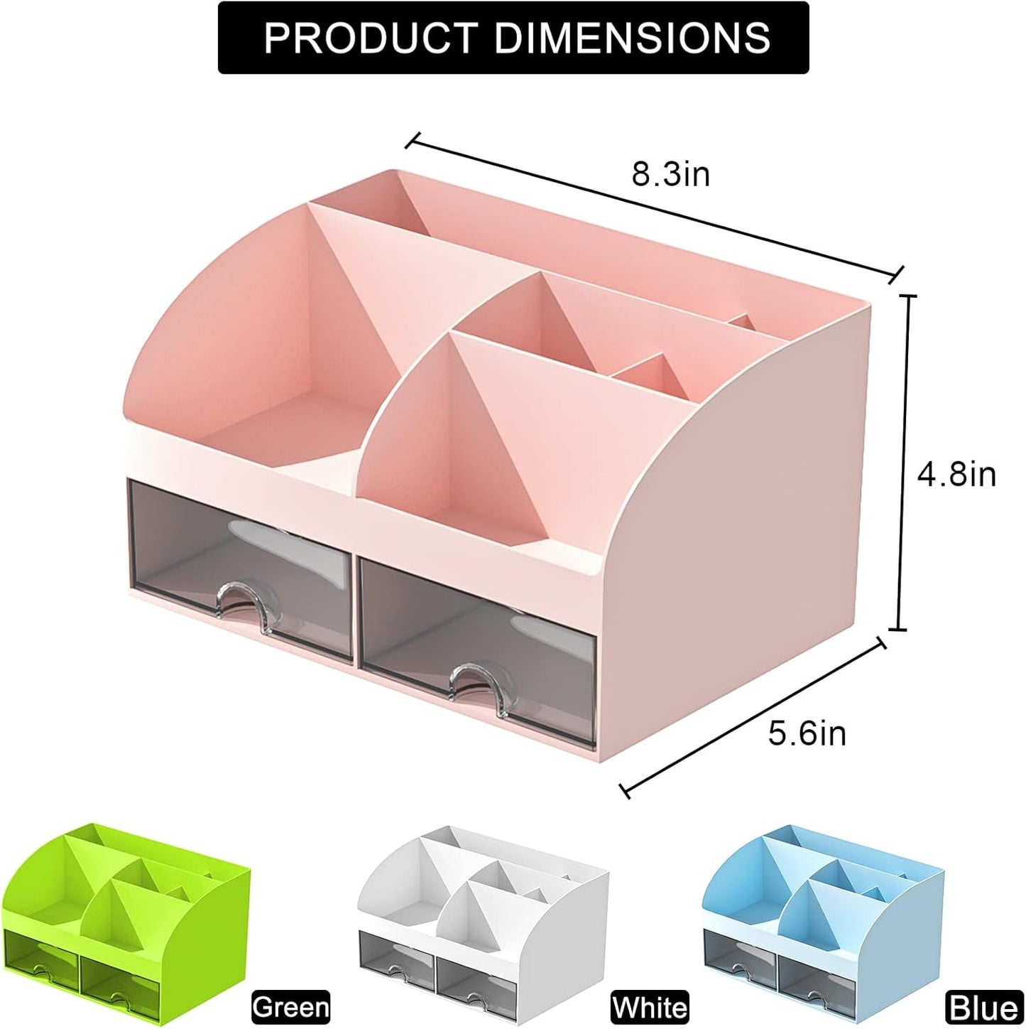COMFYROOM Desk Organizer with 6 Compartments and 2 Drawers, Plastic Makeup Organizer, Pen Holder for Desktop Storage, Desk Organization for School, Home, Office Supplies (White)