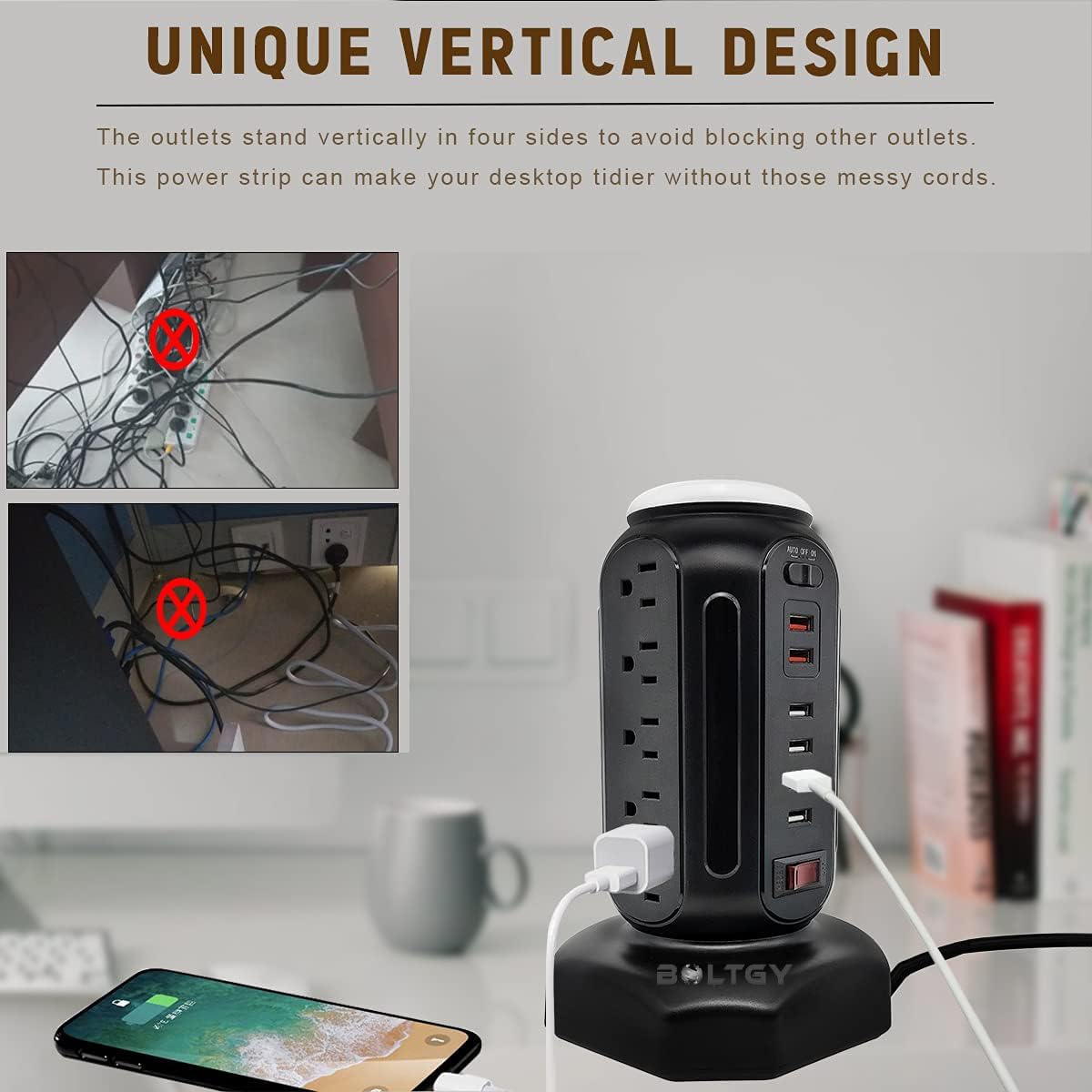 Flat Plug Total Fast Charging Station, Protector with 15 AC Outlets and 6 USB Ports (2 Fast Charge), Tower Surge Protector Power Strip, 6.5FT Extension Cord for Home Office Dorm Room.