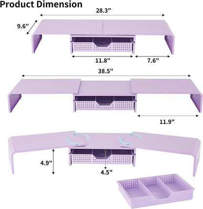 LEKETREE Dual Monitor Stand Riser with Drawer, Desk Organizer and Accessories, Pink Monitor Stand for Desk, Desktop Stand for Computer, Laptop, TV and More (Pink)