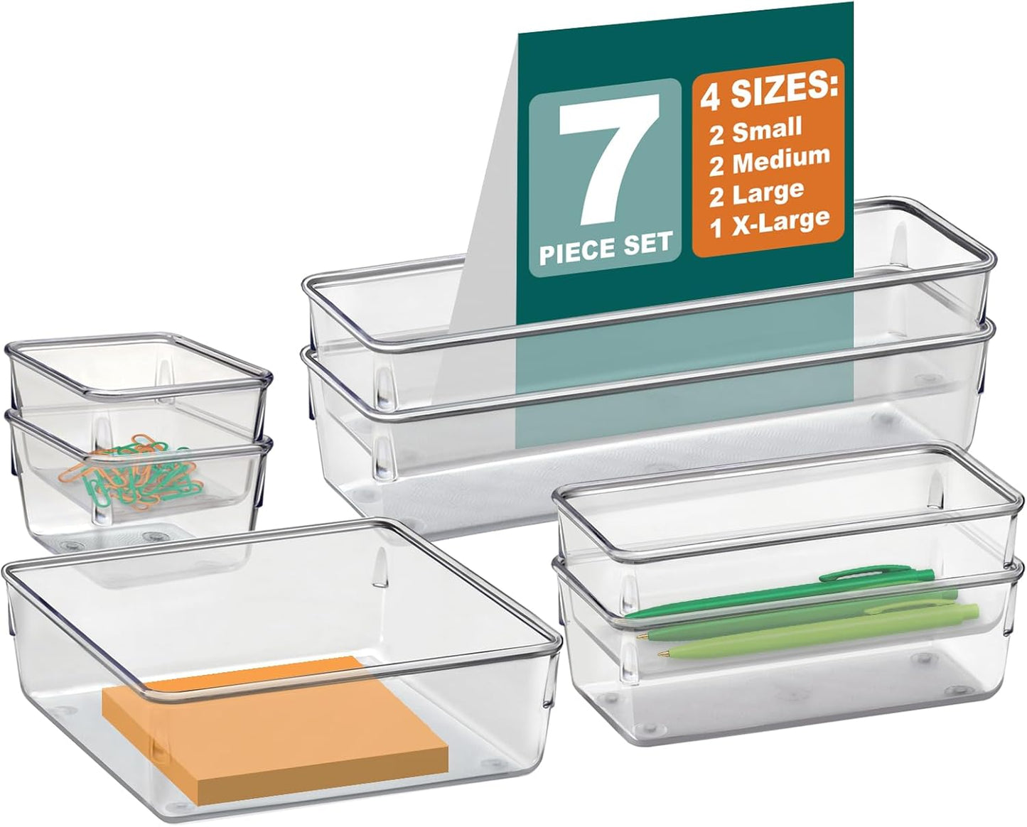Acrimet 7 Pack Drawer Organizer Modular, Box Tray Storage Bins for Office, Home, Makeup, Kitchen, Junk Drawer (7 Units - 4 Sizes) (Clear Crystal Plastic)