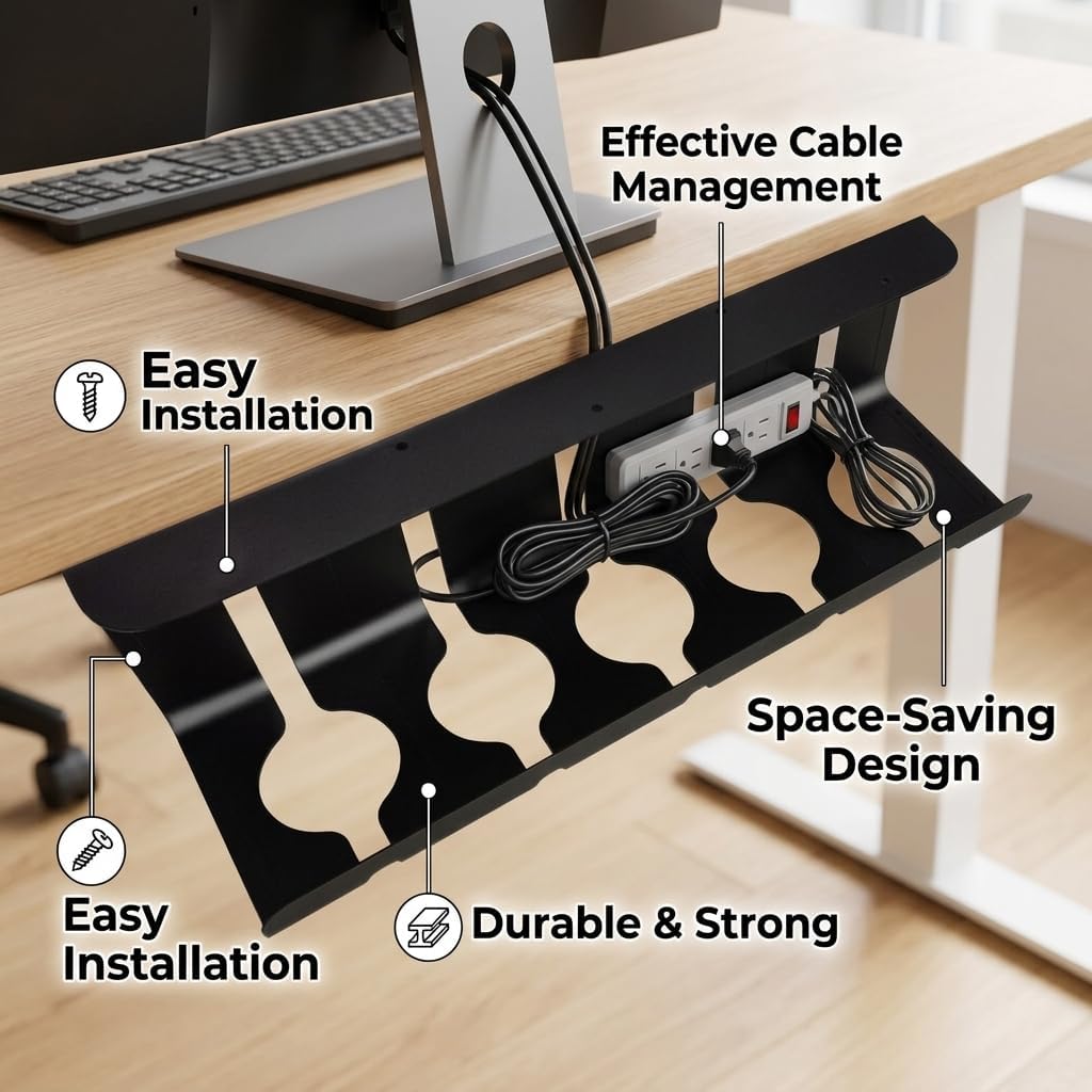 Cable Management Under Desk for Easy mounting Under-Table, Set of 2 - with 10X Cable Ties, Desk Organizer for Office/Home Office Table Thoughtful Cable Tray Holder