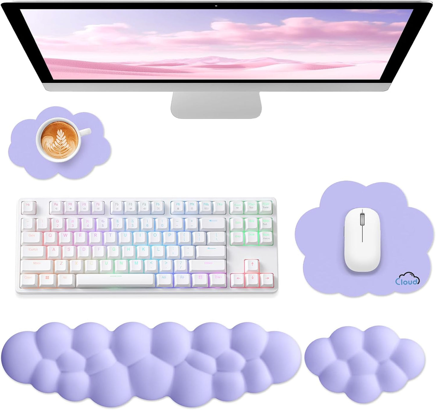 Sushret Cloud Wrist Rest for Computer Keyboard, 4-in-1 Memory Foam Leather Cloud Keyboard Wrist Rest and Mouse Pad Set with Ergonomic Support for Arm and Palm Cushion, Gaming/Work Setup, Rainbow
