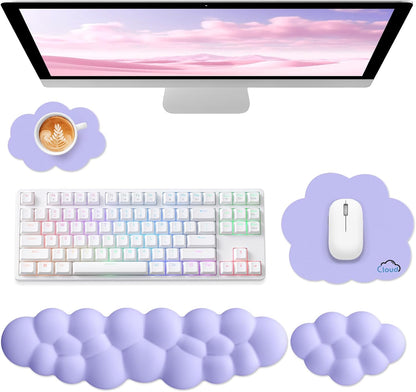 Sushret Cloud Wrist Rest for Computer Keyboard, 4-in-1 Memory Foam Leather Cloud Keyboard Wrist Rest and Mouse Pad Set with Ergonomic Support for Arm and Palm Cushion, Gaming/Work Setup, Rainbow