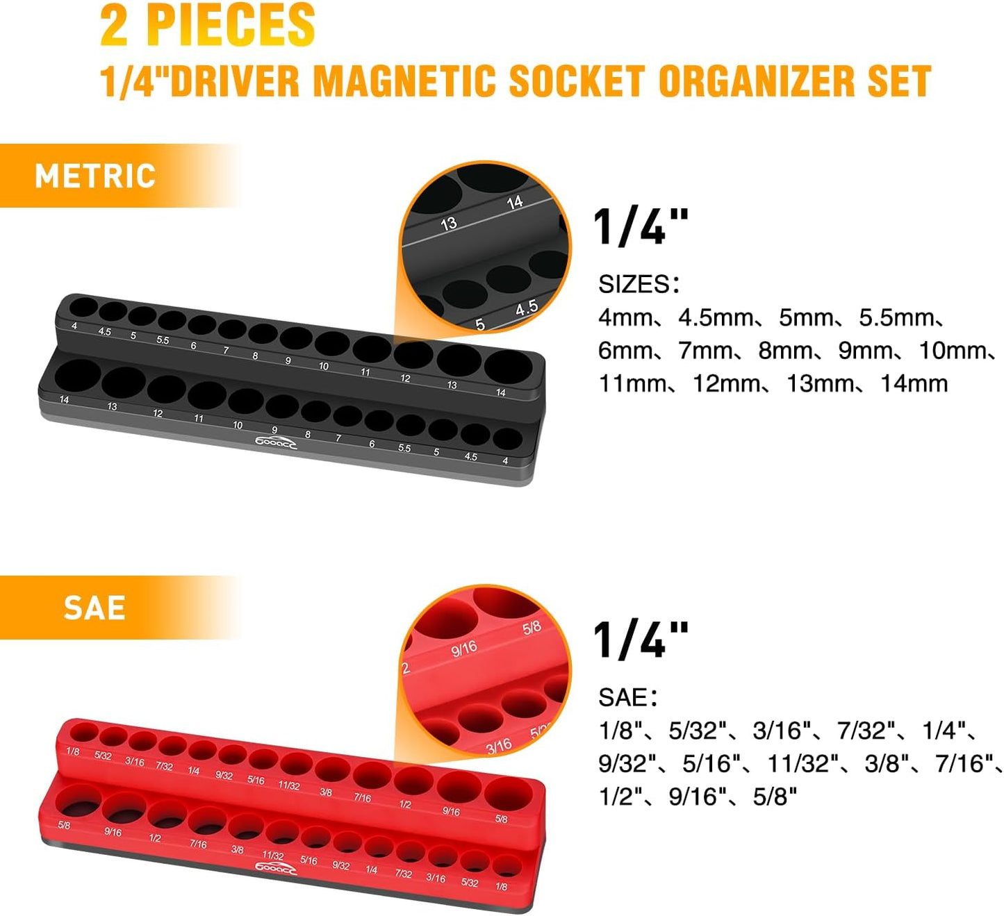 GOOACC 1/4" Magnetic Socket Organizer, 2 Pieces Socket Holder Metric SAE Socket Tray, 1/4 inch Socket Organizer Tray Holds 52 Standard Sockets for Tool Box Drawer