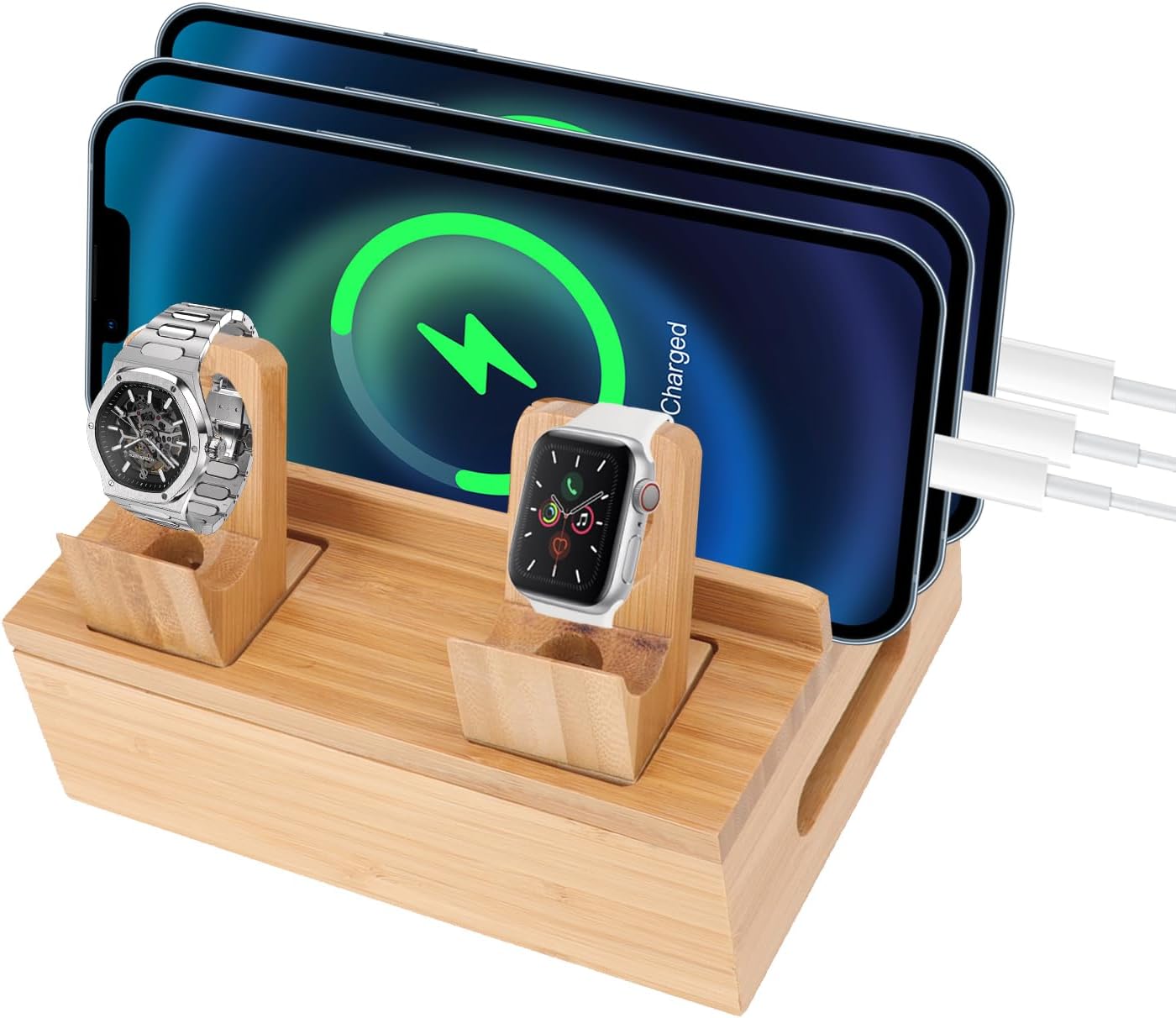 Wooden Charging Station for Multiple Devices - 5 Port USB Desktop Organizer with Watch Holder, Compatible with Phones Tablets Electronics (Black, 11.3x13x17cm/4.4x5.1x6.7in)