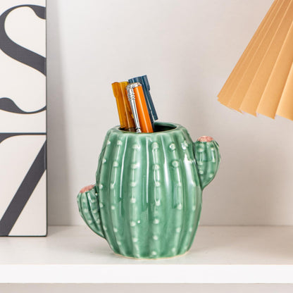 Ceramic Cactus Pen Holder Stand Cup Cactus Pencil Holder Organizer Makeup Brush Holders for Home Office Desk (Green Cactus)