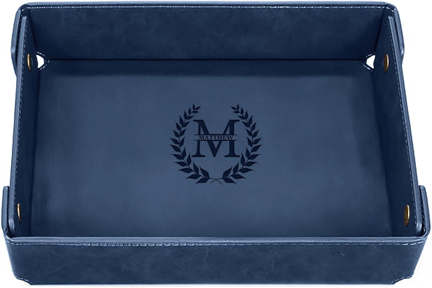 Engraved Leather Valet Tray for Men – Personalized Catchall with Custom Name for Desk, Dresser, Nightstand – Men's Organizer Tray for Keys, Wallet, Jewelry, Personalized Gift for Home, Office - Coffee