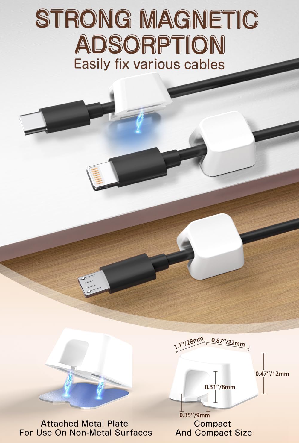 Maveek Magnetic Cord Holders, 5 Pack Silicone Magnet Cable Clips with Metal Plates, Standing Desk Wire Organizer for USB Charging Cables, Nightstand, Car, Metal Surface (Small, White)