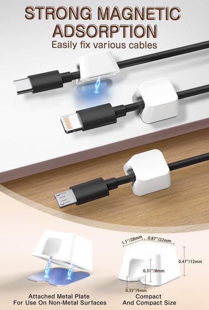 Maveek Magnetic Cord Holders, 5 Pack Silicone Magnet Cable Clips with Metal Plates, Standing Desk Wire Organizer for USB Charging Cables, Nightstand, Car, Metal Surface (Small, White)