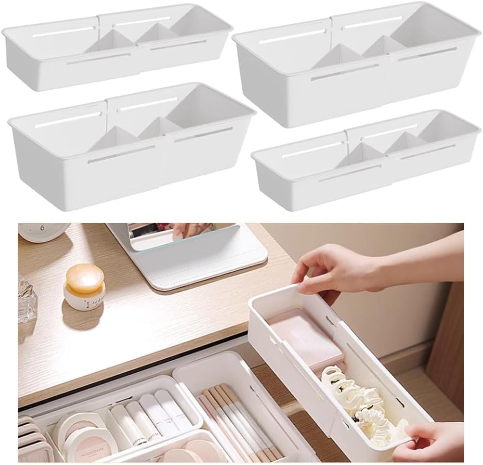 Expandable Storage Drawer Organizers Sliding Bin Plastic Desk Drawer Trays with Removable Dividers Adjustable Makeup Storage Bins for Bedroom, Bathroom, Clothes, Kitchen Utensil (Large)