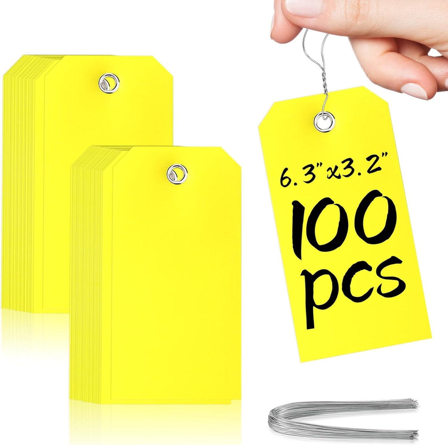 XUWAIDSGN 100 Yellow Plastic Shipping Tags with Wire, Pack of 100, 4 3/4" x 2 3/8", Durable, Waterproof, Blank, Writeable, Multi-Purpose Labels