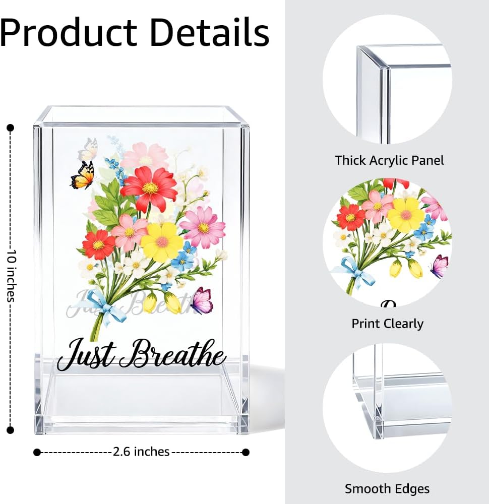 Just Breathe Acrylic Cosmetic Organizer Pen Holder, Anxiety Relaxing Acrylic Desk Holder Cup for Pen Pencil, Dandelion Desk Organizer, Mental Health Office Gifts for Coworker Leader Friend